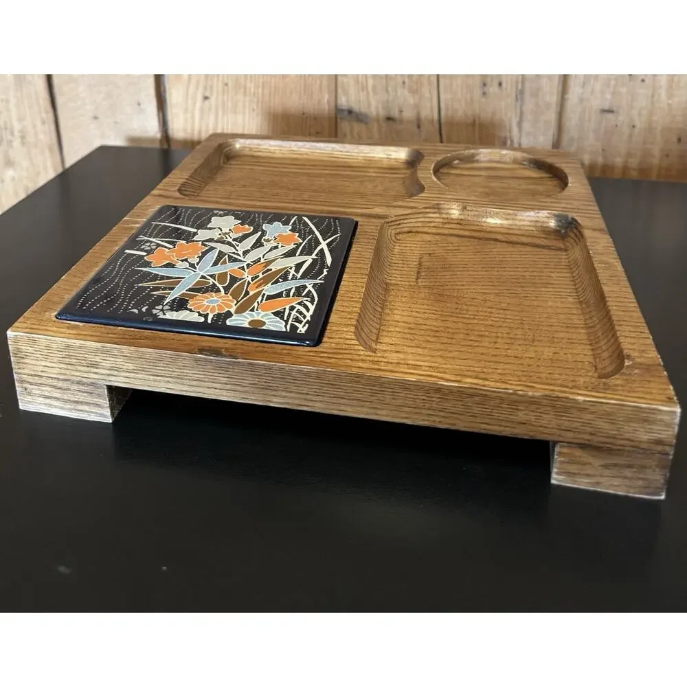 Vintage MCM Wooden Snack Serving Tray w/ Ceramic Tile Trivet 10x10